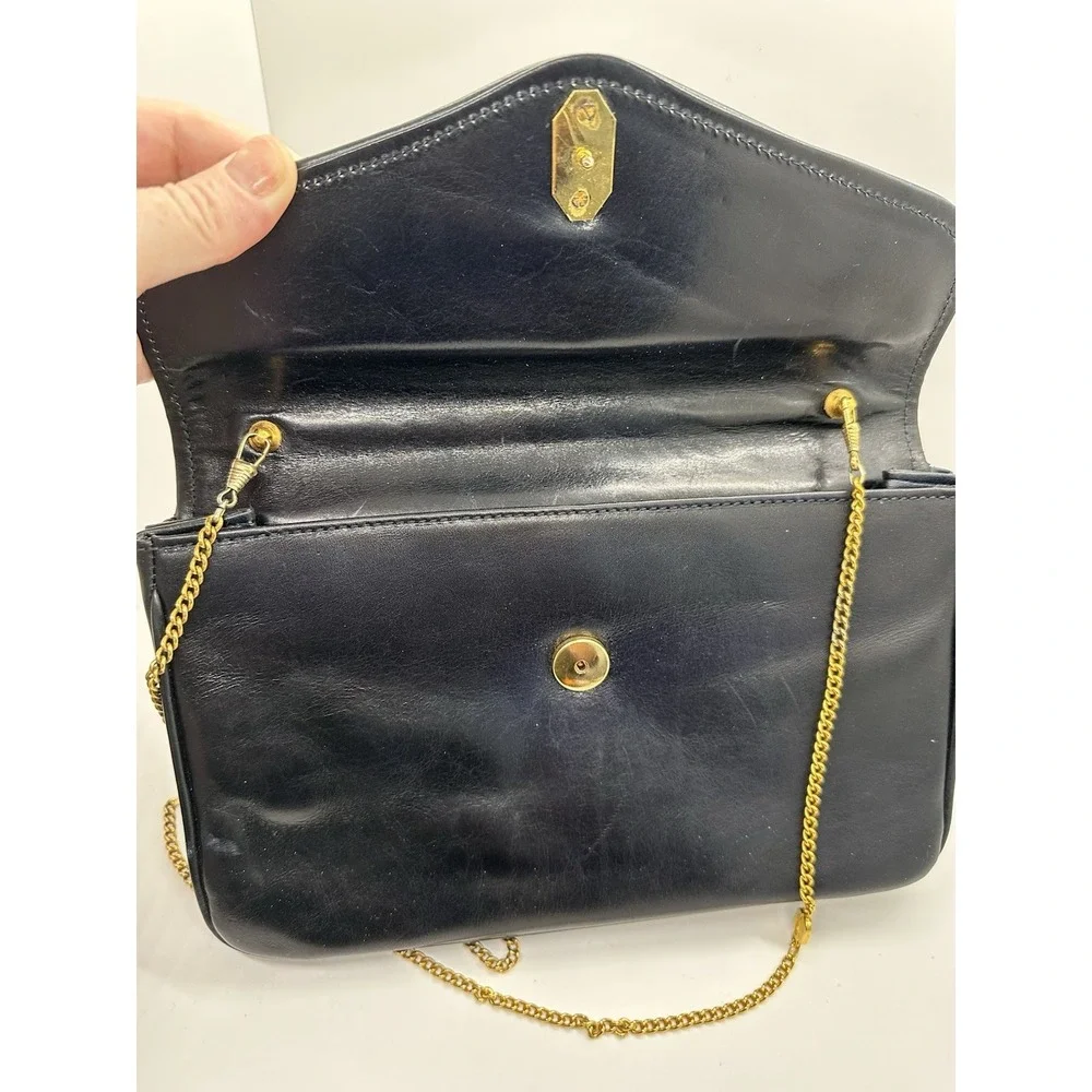 Vintage Emanuel‎ Ungaro Black Leather Chain Shoulder Bag Gold Logo Italy